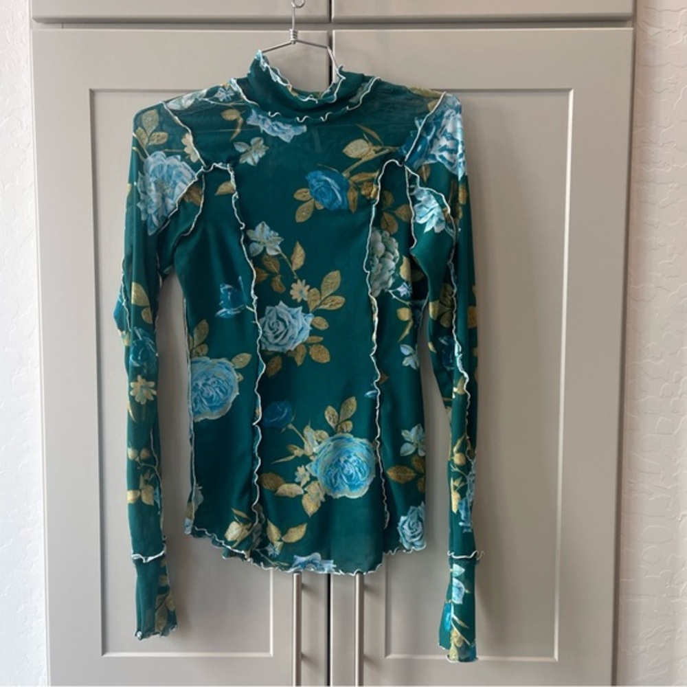 Free People Charlie Printed Stitch Outlined Mesh Floral Longsleeve Shirt Medium
